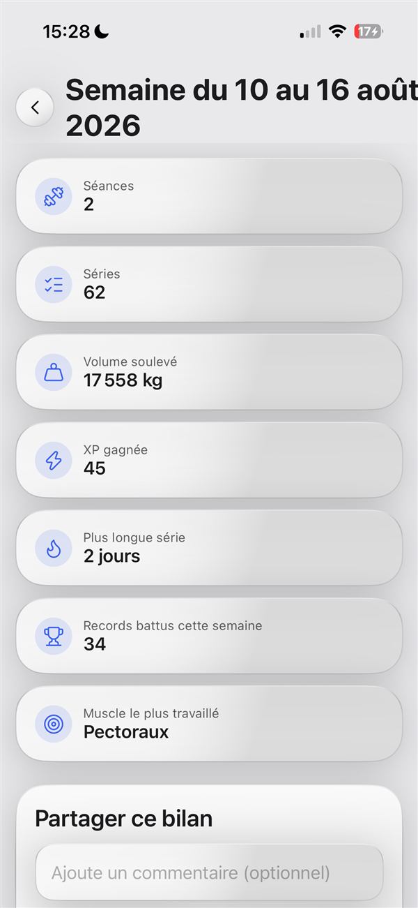 Écran Bilan de la semaine de LiftUp : séances, séries, volume soulevé, XP gagnée et records battus