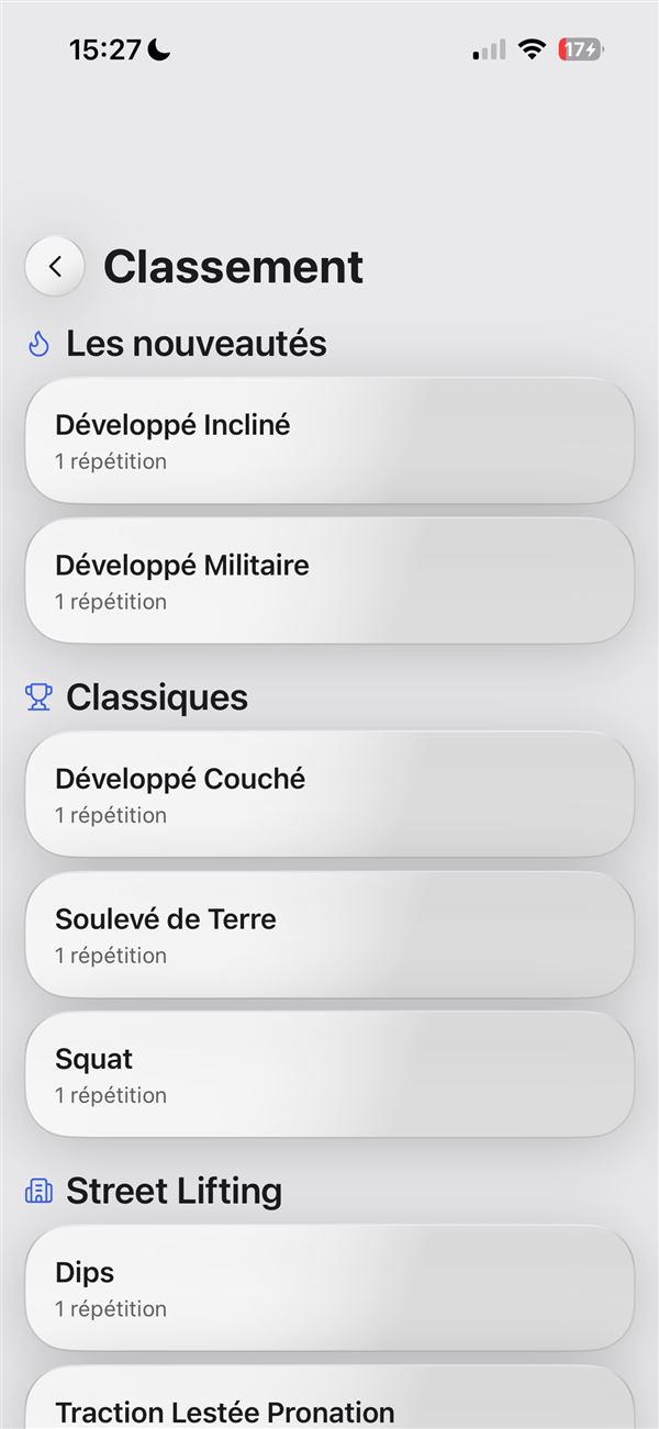 Écran Classement de LiftUp par mouvement : développé incliné, développé militaire, développé couché, soulevé de terre, squat...