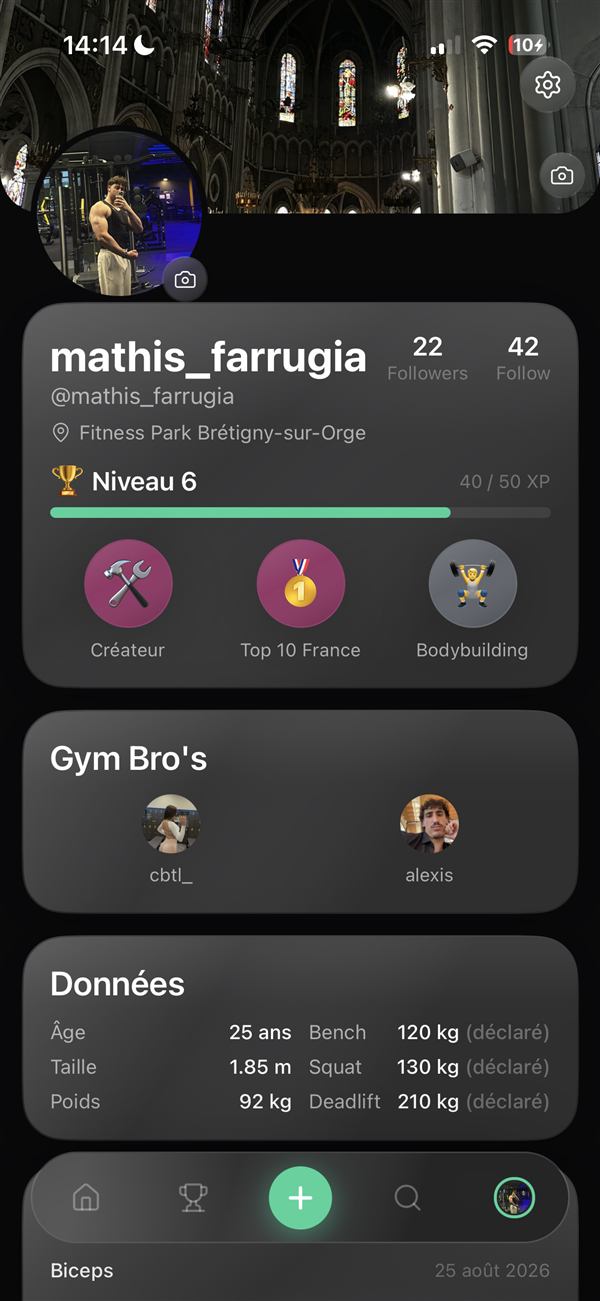 Écran Profil de LiftUp : niveau, barre d'XP, badges, Gym Bro's et données déclarées (âge, taille, poids, records)