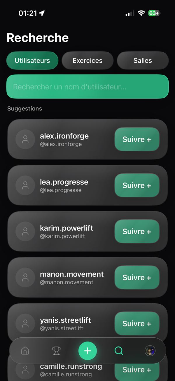 Écran Recherche de LiftUp pour retrouver des utilisateurs par pseudo et les suivre