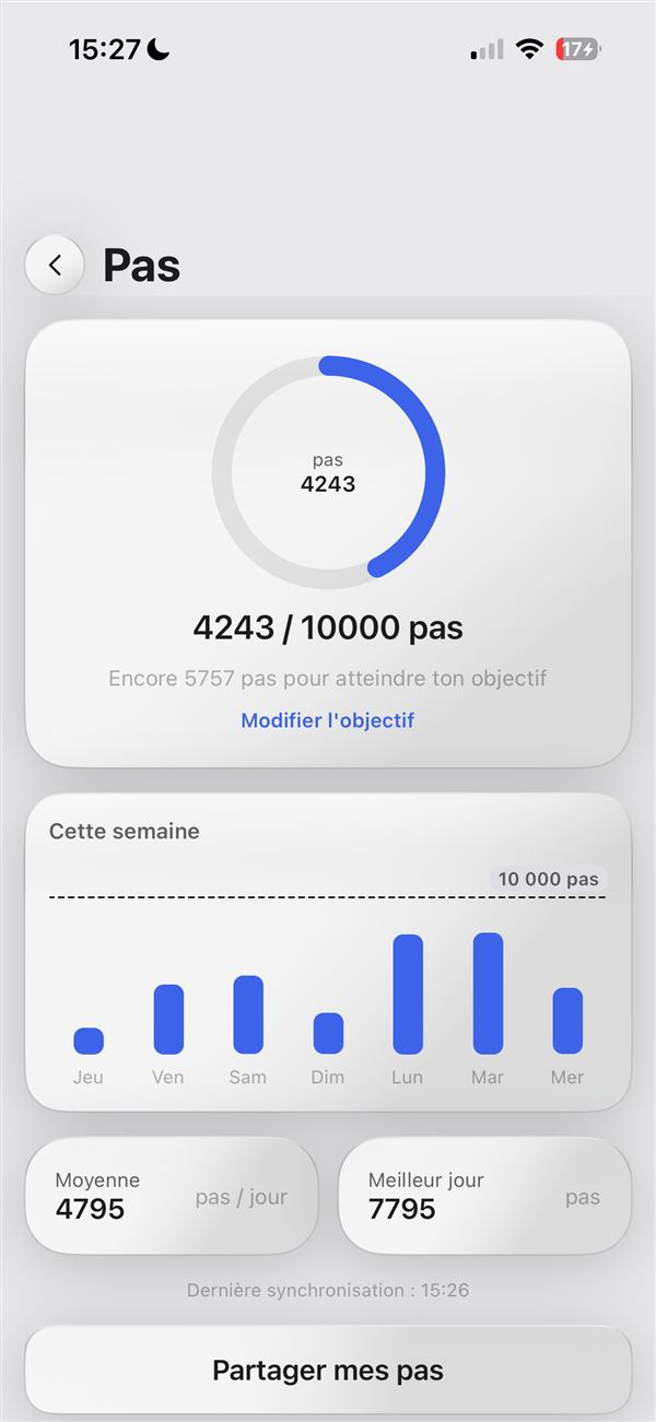 Écran Pas de LiftUp : nombre de pas quotidien, objectif personnalisable et détail par jour de la semaine