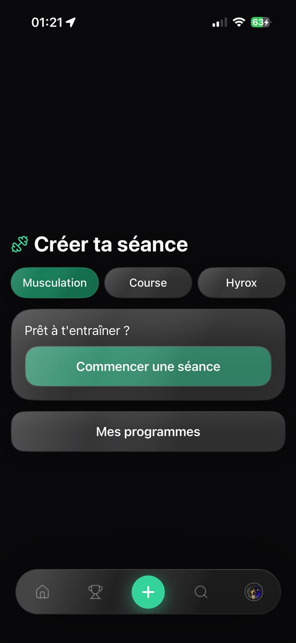 Écran Créer ta séance de LiftUp avec le choix Musculation, Course ou Hyrox et le bouton Commencer une séance